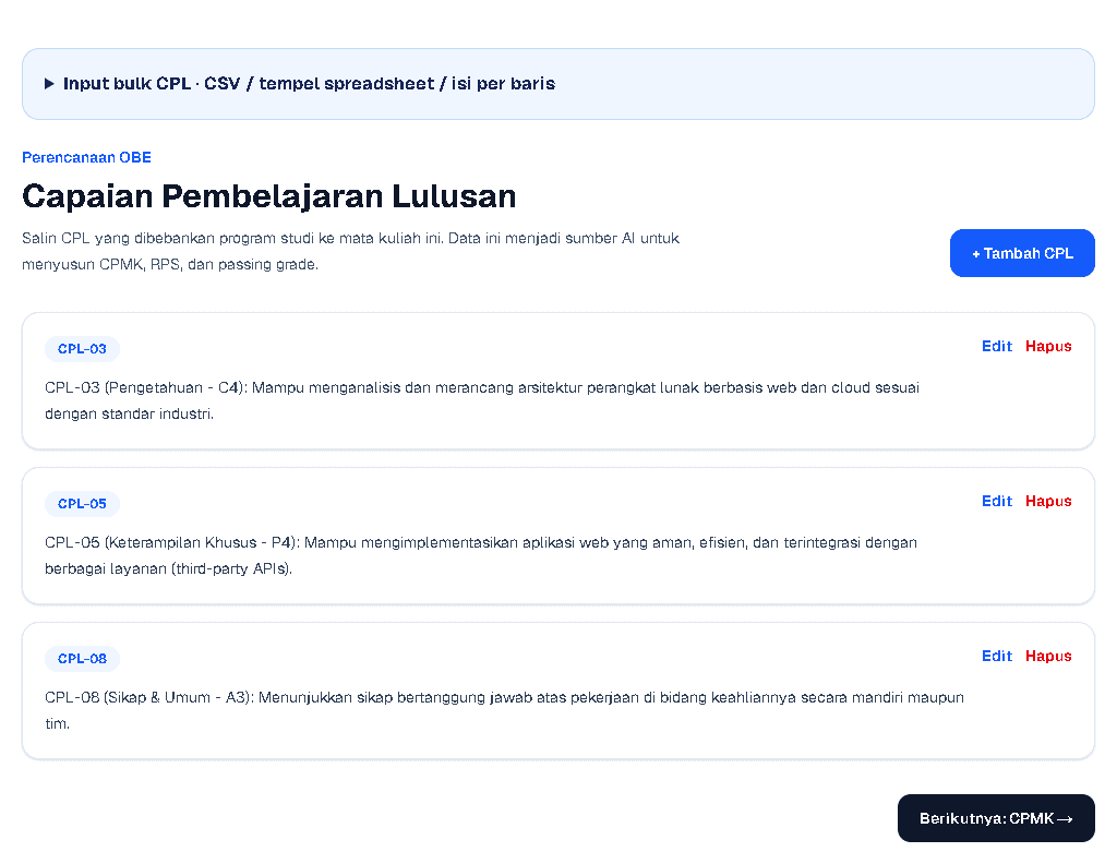 Screen capture menu CPL dari kelas uji. Gunakan rumusan CPL resmi prodi Anda.