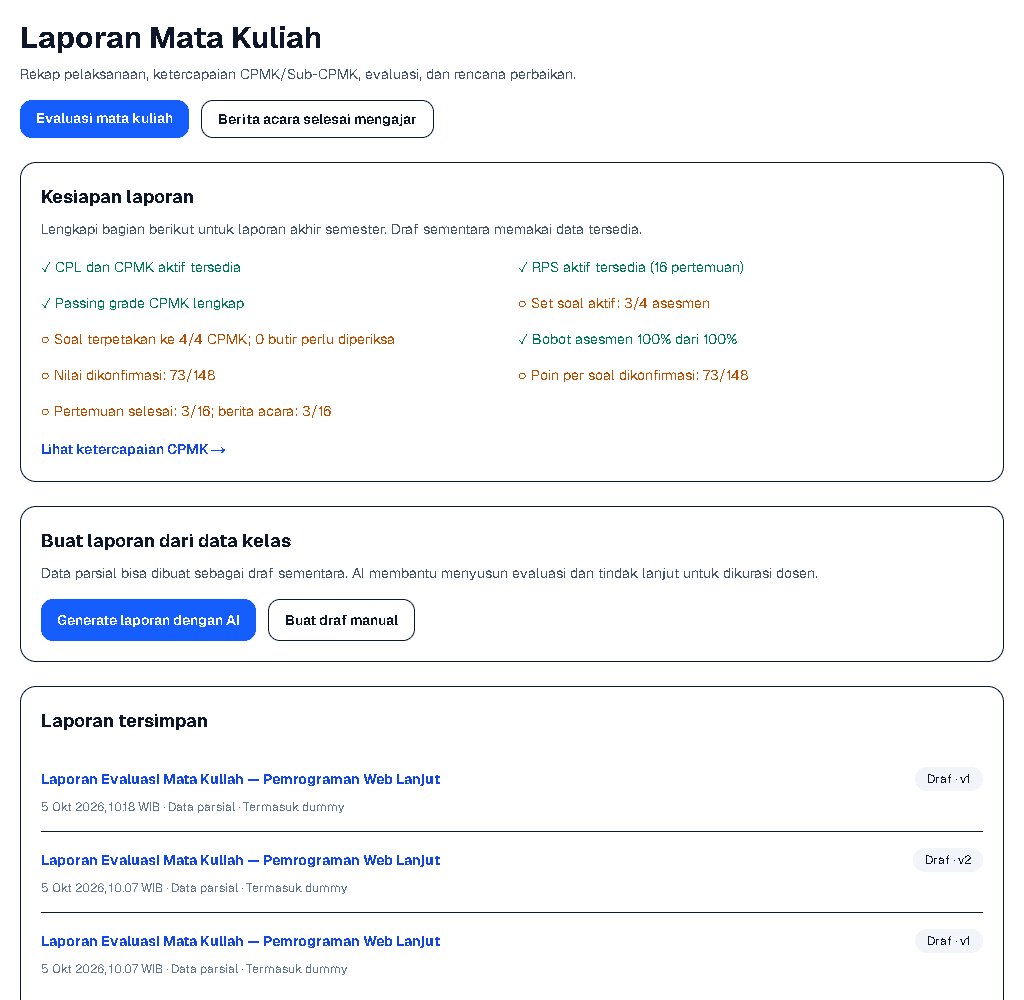 Screen capture halaman Laporan Mata Kuliah dari kelas uji. Finalisasi mengikuti kelengkapan semester, bukan sekadar tersedianya draf.