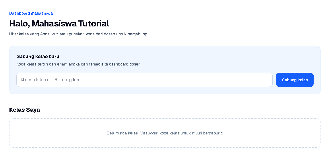 Screen capture dashboard mahasiswa: kode enam angka digunakan untuk mengajukan permintaan join.