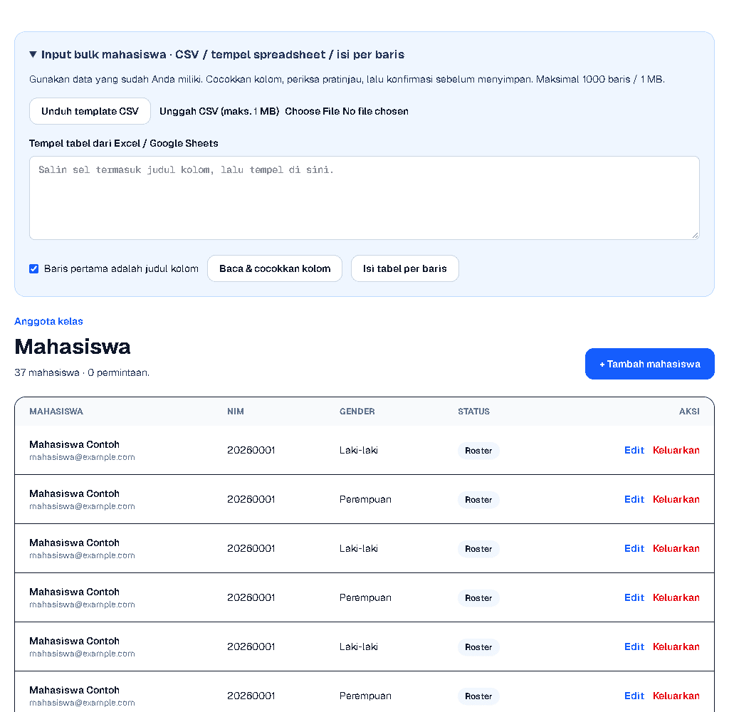 Screen capture pengelolaan mahasiswa dan input bulk; identitas mahasiswa disamarkan.